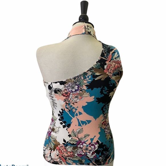 Guess Multicolor One Shoulder Floral Cutout Mick Top Blouse - Picture 2 of 3